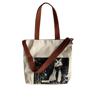 帆布斜挎包单肩手提女生休闲百搭背包手绘猫日系简约文艺大容量