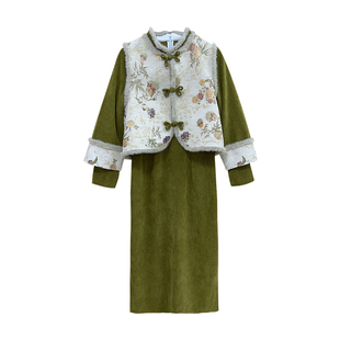 松园【自制款】大码胖mm绝美气质绿色改良版旗袍连衣裙显白两件套