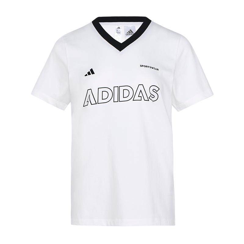 时尚百搭纯棉休闲舒适V领短袖T恤女装adidas阿迪达斯轻运动