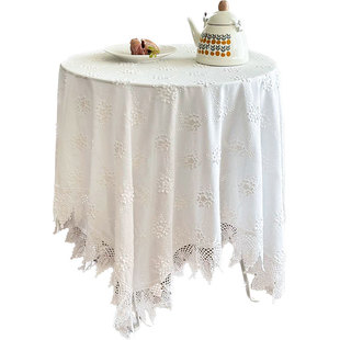 法式田园白色蕾丝桌布全棉ins风绣花圆桌台布长方形餐桌茶几盖布