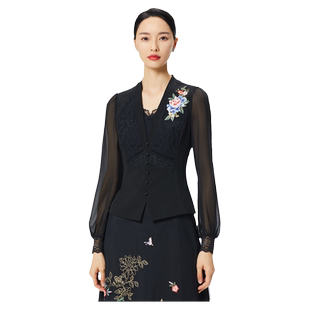 SUSSI/古色春季商场同款黑色蕾丝刺绣V领灯笼袖上衣女