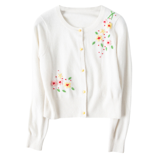 春秋季新款女士纯手工绣花针织羊绒圆领高腰小开衫白色毛衣外套