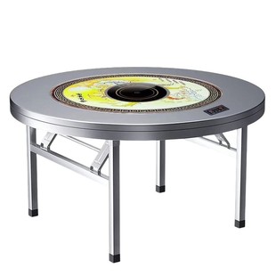 加厚不锈钢内置彩图转盘圆桌带电磁炉火锅桌可折叠餐桌打边炉桌子