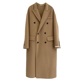 双面羊毛大衣女中长款2025年新款宽松驼灰色西服款双排扣毛呢外套