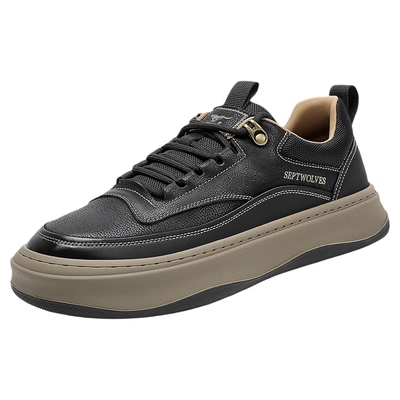 七匹狼男鞋厚底板鞋男春秋真皮工装男士鞋子百搭低帮黑色休闲皮鞋