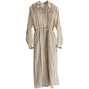 nw80en 摩洛哥午后 条纹花连衣裙 收腰气质长裙简约时尚百搭女装