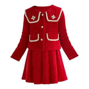 女童小香风裙子套装过年服装秋冬季儿童连衣裙小女孩洋气新年衣服