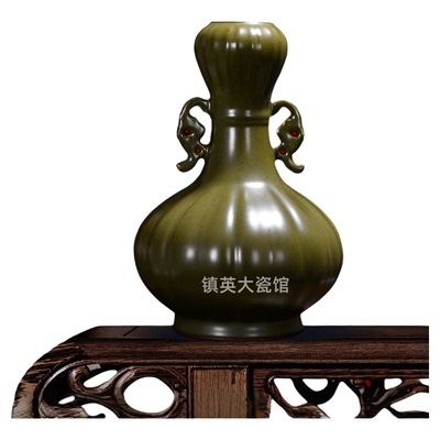 景德镇陶瓷花瓶鳝鱼黄茶叶末釉厂官釉海棠瓶中式公司客厅书房摆件