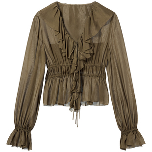 【Bella Hadid同款】Miss Sixty2025夏季新款衬衫女桑蚕丝荷叶边