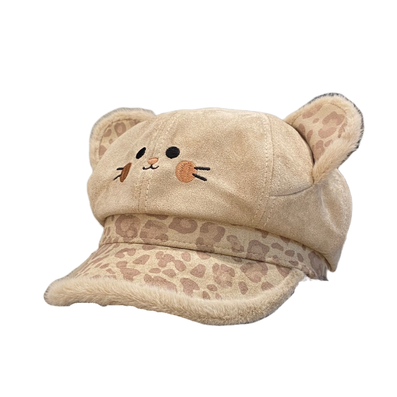 卡通猫耳朵豹纹檐八角帽女秋冬季