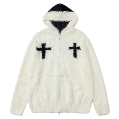 RBM撞色十字架仿貂毛毛衣外套