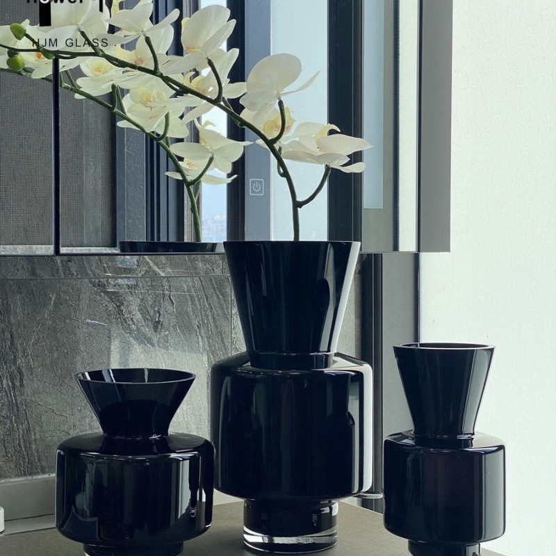 简约轻奢北欧客厅电视柜茶几玄关样板房创意几何黑色玻璃装饰花瓶
