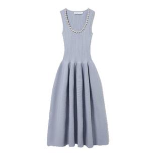 self-portrait 2025春夏新款薄雾蓝气质钻饰罗纹针织无袖连衣裙