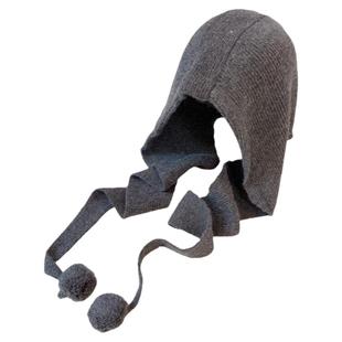 秋冬连帽纯色系带毛球针织帽女韩版时尚百搭围巾帽子一体保暖护耳