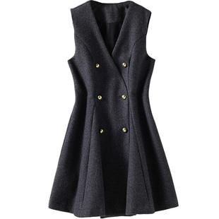 双排扣毛呢背心裙小黑裙 V领轻奢A字显瘦连衣裙 2025秋冬新款女装