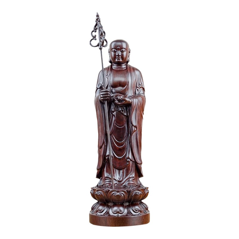 黑檀实木雕刻地藏王站座像供奉
