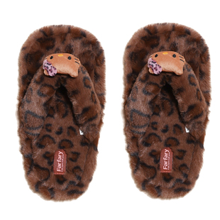 Farfary番薯泥豹纹毛绒KT人字拖秋冬女厚底室内居家防滑防臭拖鞋