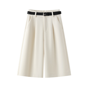 白色羊毛阔腿五分裤子女2025新款冬季高腰宽松直筒裤休闲短裤中裤