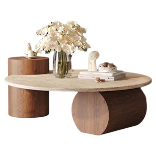 洞石茶几岩板大理石侘寂极简圆形客厅家用中古轻奢设计师创意茶桌