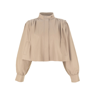 wana try蛋白皮设计感褶皱袖风衣2025新款卡其色休闲百搭短款外套