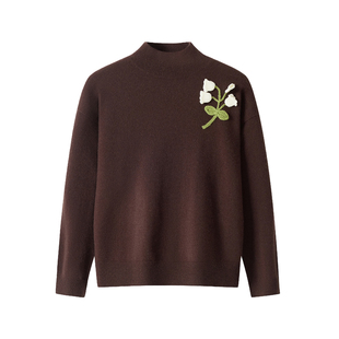 皮皮狗25秋冬新款半高领立体手工钩花铃兰花羊绒衫落肩咖啡色针织