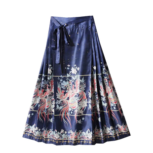 秋冬复古民族国风马面裙中长款一片式绑带印花百褶汉服缎面半身裙