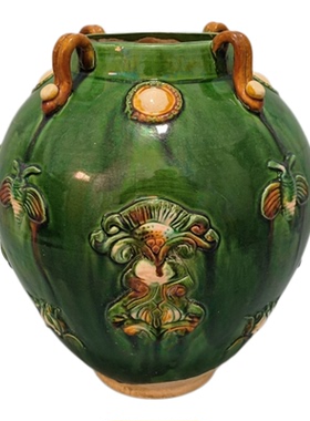 仿古瓷器摆件唐绿釉三彩雕花罐古典艺术品花器家居装饰品摆设古玩