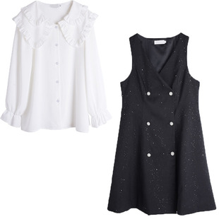 胖莹莹大码女装2025秋款通勤轻奢娃娃领衬衫亮片小个子连衣裙套装