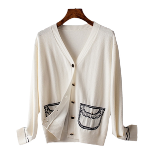 BXV100%羊毛针织衫女2026春新款休闲宽松开衫毛衣白色长袖V领外套