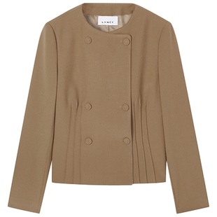 LANCY/朗姿2025年秋新款气质通勤修身收腰短外套女圆领双排扣上衣