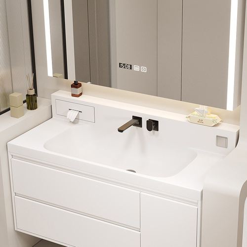 小红书款杜邦可丽耐一体盆日式浴室柜组合橡木洗漱台卫生间洗脸盆