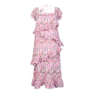 lefame拉飞姆夏季层叠印花度假珠片绣花仙气优雅连衣裙女