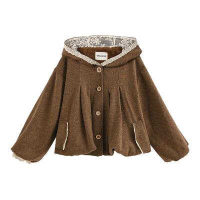 森女部落甜美25%绵羊毛连帽外套女新款蕾丝设计感百搭宽松上衣冬