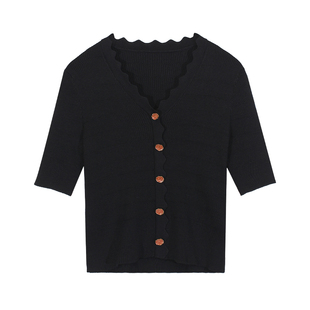 伊纳芙春装女款2025年新款chic上衣波浪边针织开衫外套修身打底衫