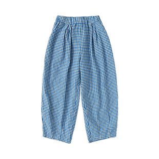 2026春夏季新款女童蓝色格子裤中大童透气轻薄九分休闲纯棉裤子