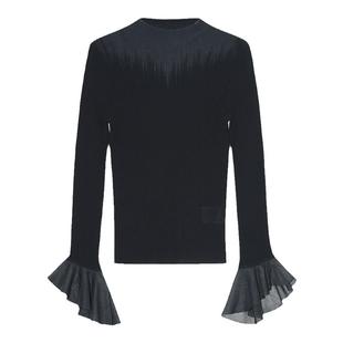 IDPAN流行漂亮毛衣女喇叭袖高级感打底衫独特黑色肌理感针织衫