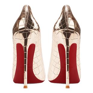 漆皮鳄鱼纹金色高跟鞋女细跟2025年时尚新款气质浅口御姐红底单鞋