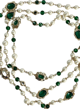 摇儿复古祖母绿珍珠宝石毛衣链