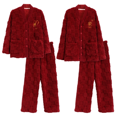 珊瑚绒情侣睡衣2025新款男士开衫红色结婚女秋季冬天法兰绒家居服