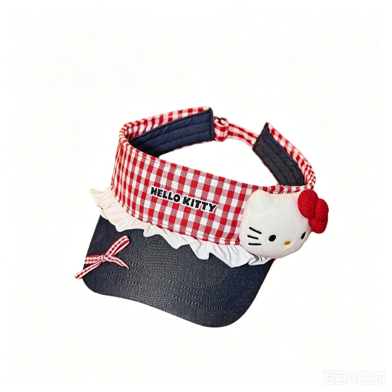 Kitty猫格纹牛仔空顶防晒帽