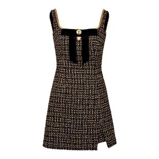 YES BY YESIR叶谦原创设计秋新款黑金舞会名媛香风吊带连衣裙