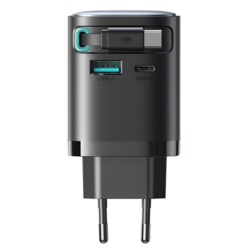 Joyroom USBA+C+Typec抽拉式欧标氮化镓充电器PD65W快充自带USB-C拉伸收缩线适用于iPhone17苹果1615三星手机