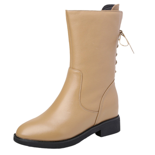 全牛皮靴子女中筒靴2025新款秋冬季真皮马丁靴加绒皮靴内增高女靴