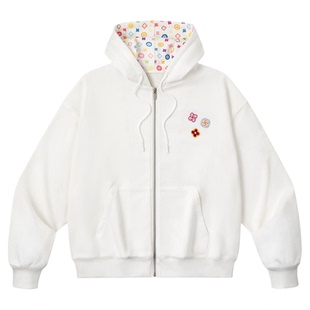 PSO Brand男装女装彩色花纹连帽白色卫衣男款宽松休闲外套情侣装