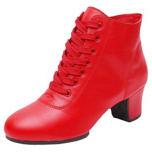 广场水兵舞蹈靴女士真皮中跟软底成人拉丁跳舞鞋专业交谊舞摩登鞋