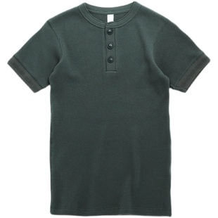 美式复刻315克休闲亨利衫复古重磅TEE高品质华夫格素色短袖T恤男