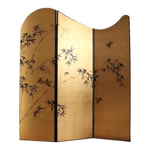 Ni尼家法式中古风屏风金箔中国风手绘竹子漆画客厅茶空间折叠屏风