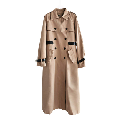 琥珀卡其拼皮收腰长袖双排扣风衣