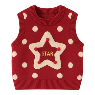 女童马甲毛衣加绒秋冬针织女宝宝红色小背心婴儿童马夹女孩毛线衣