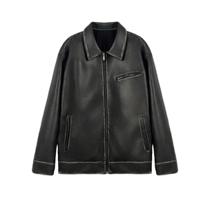 3ts擦色皮衣pu皮外套酷飒风高级感短款黑色西装皮夹克女